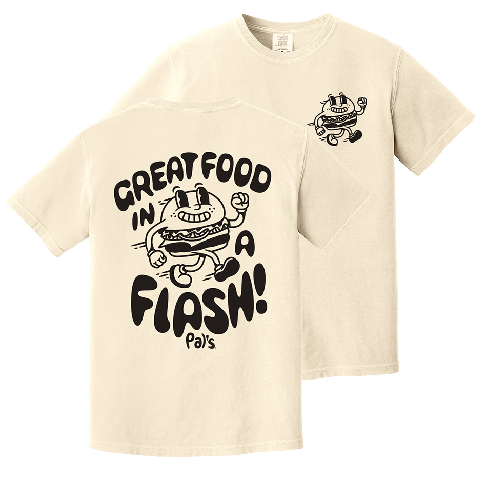 Cream t-shirt with black print of a stylized burger and great food in a flash wording