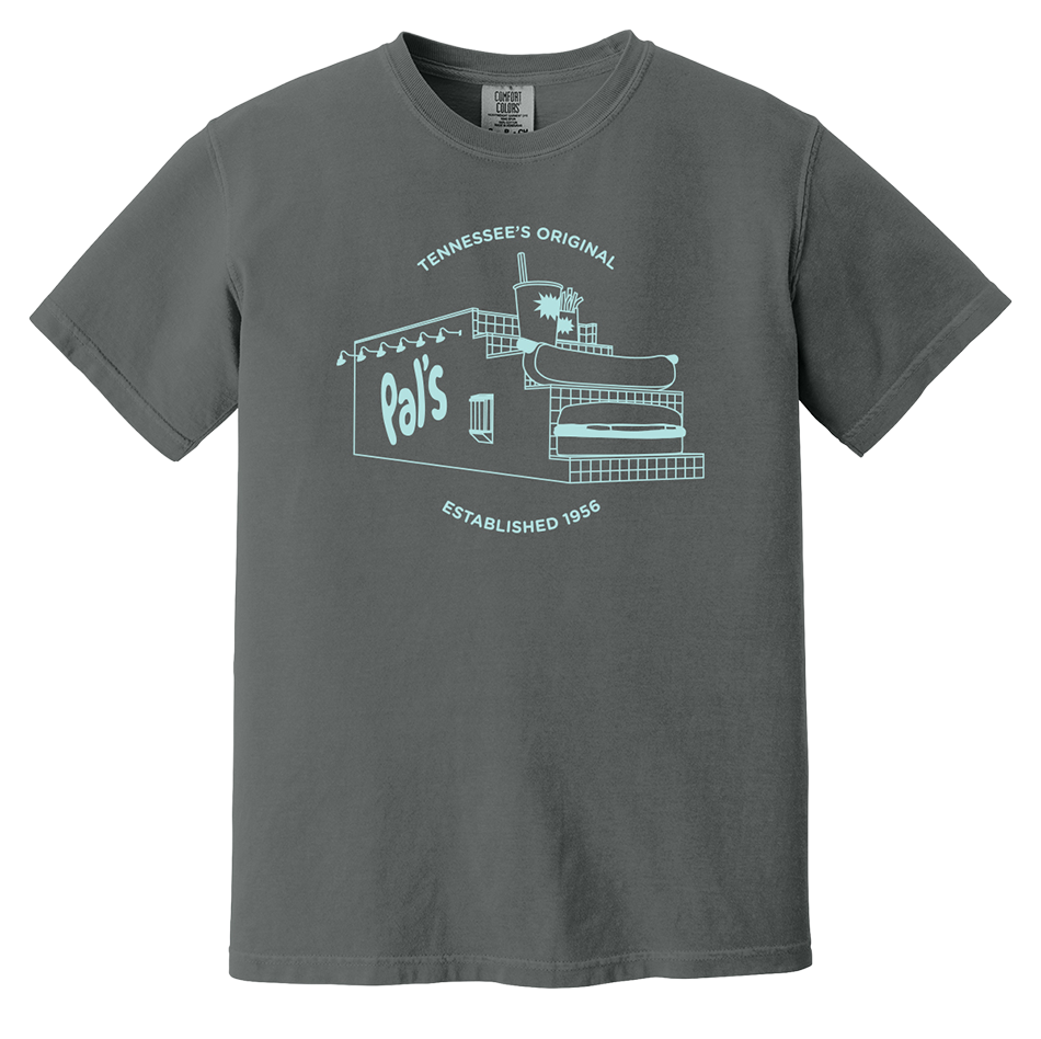 Gray shirt with teal building graphic and Tennessee's Original Established 1956