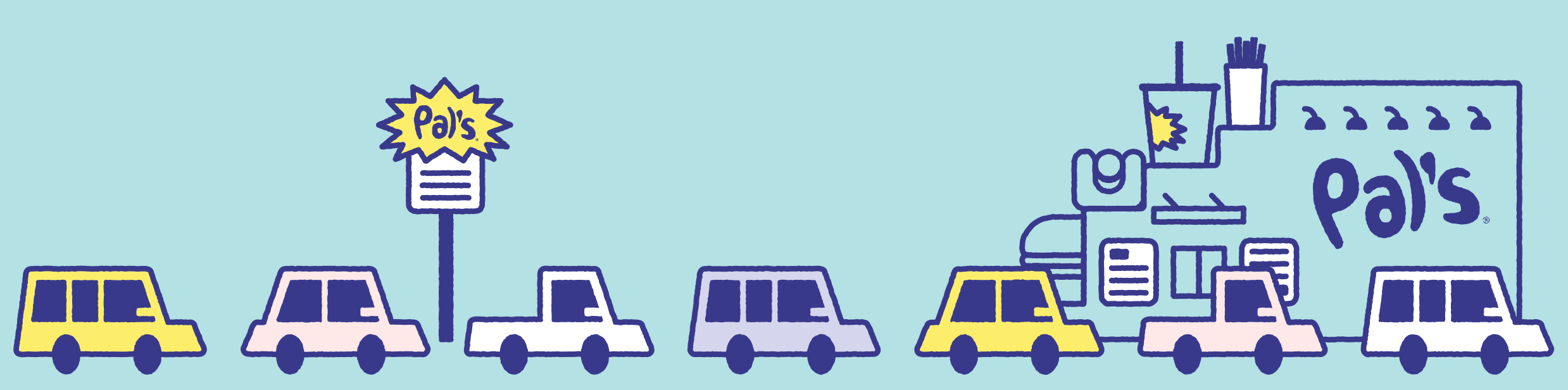 Stylized animation of cars going through Pal's drive-thru